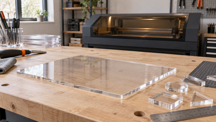 Clear laser-cut acrylic with a polished edge on a maker’s workbench beside an enclosed CO2 laser.
