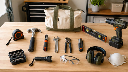 Practical starter tool kit with hand tools, drill-driver, safety gear, flashlight, and canvas bag for a first-time homeowner.