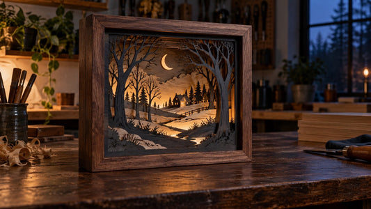 Finished layered laser-cut haunted forest shadow box glowing on a workshop bench.