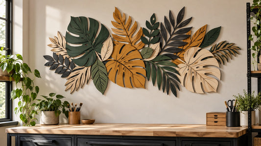 Finished laser-cut botanical wall art with matte green, ochre, charcoal, and natural birch leaves in a clean workshop.
