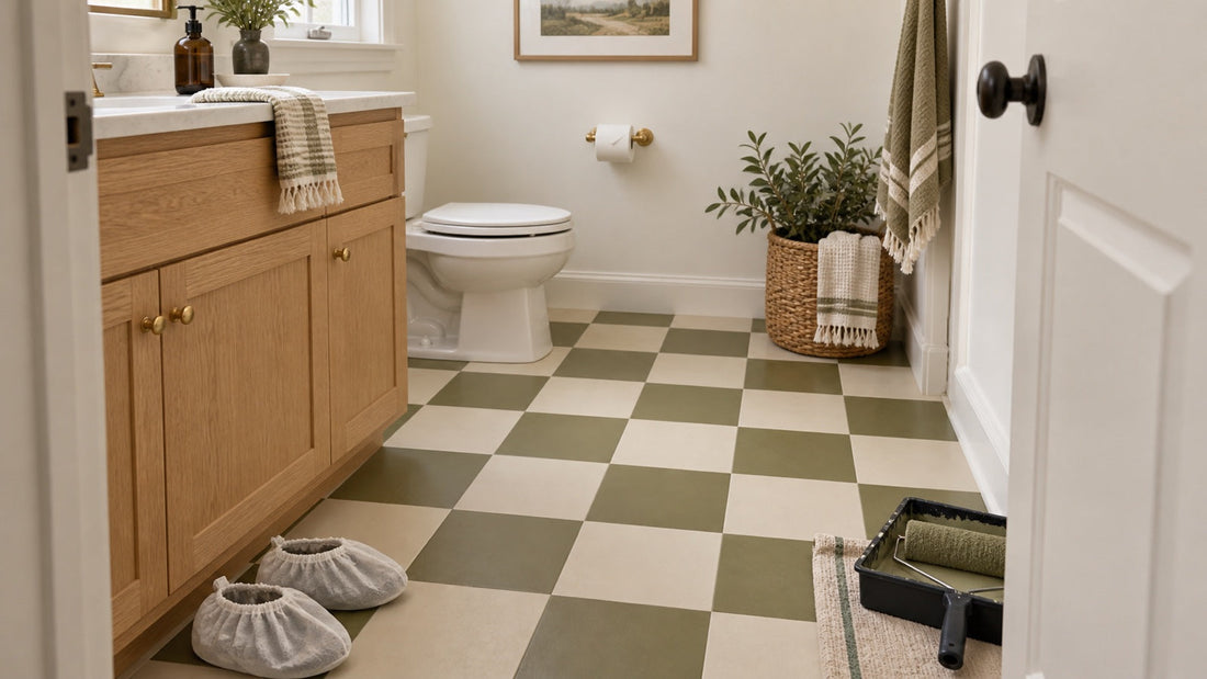 Cream and olive painted checkerboard tile floor in a small bathroom.