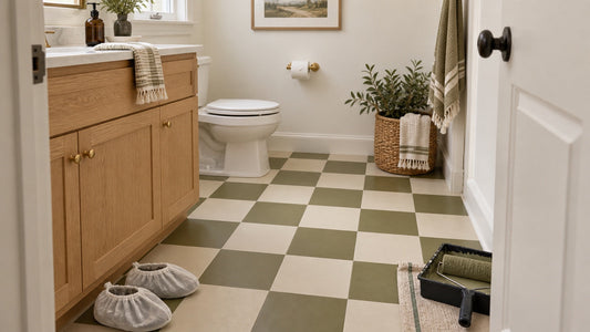 Cream and olive painted checkerboard tile floor in a small bathroom.