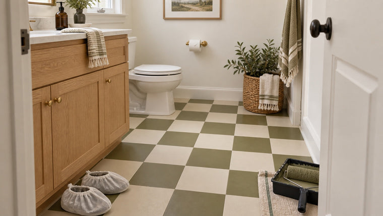 Cream and olive painted checkerboard tile floor in a small bathroom.
