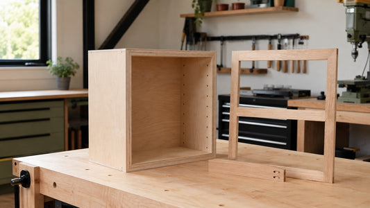 Plywood cabinet carcass and oak face frame on a workbench showing concealed pocket-hole joinery.