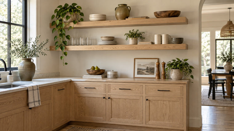 Built-in red oak cabinetry and shelves finished in a pale white-oak-inspired tone.