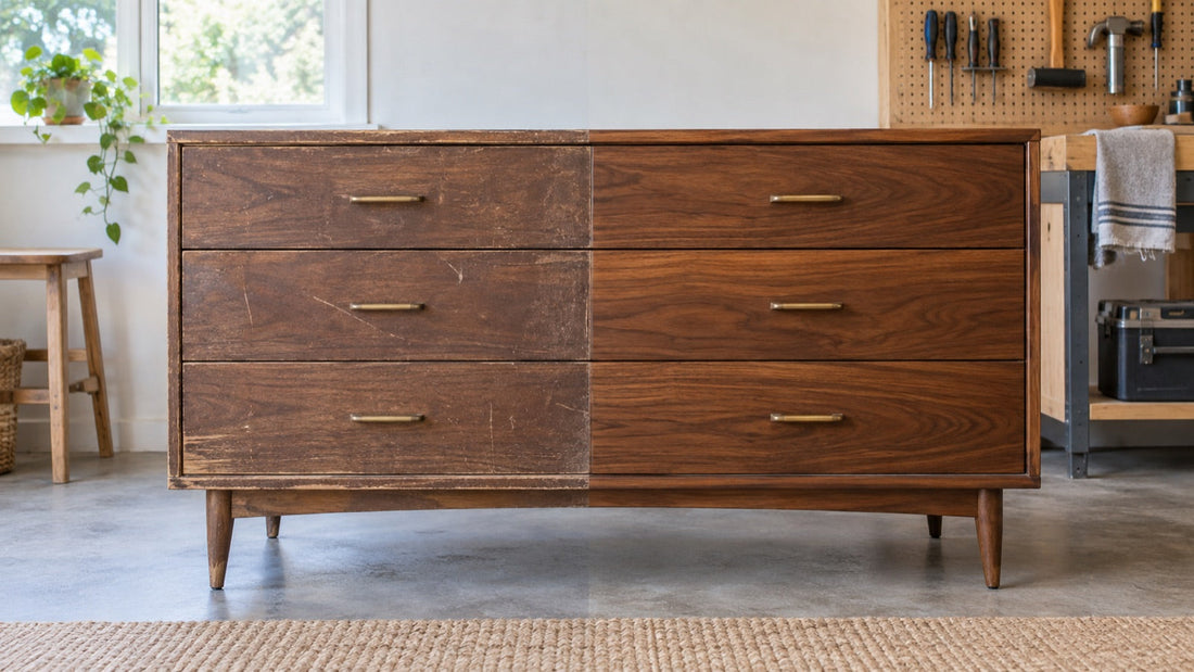 Thrifted walnut-veneer dresser before and after a careful refinish.