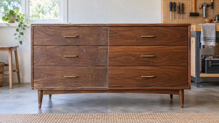 Thrifted walnut-veneer dresser before and after a careful refinish.