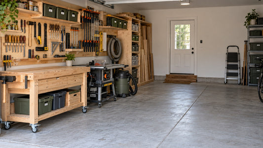 Compact woodworking shop stored along one wall of a clean shared garage with the parking bay open.