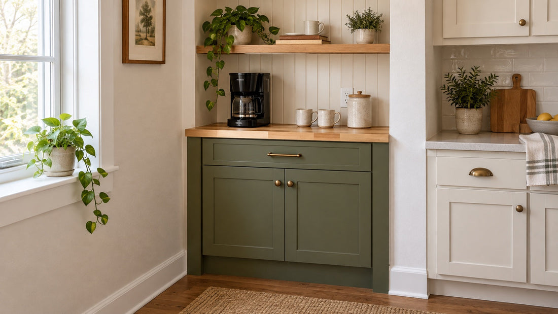Small olive-green coffee station with a birch top fitted into a bright kitchen nook.