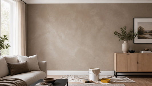 Warm taupe limewash finish over painted drywall in a softly lit living room