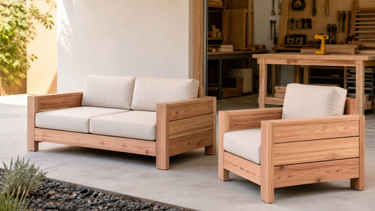 Refined DIY cedar outdoor sofa and chair beside a bright home workshop