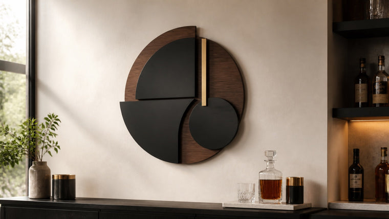 Refined layered laser-cut sign in walnut, matte black, and brass colors