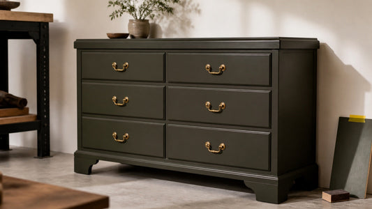 Smooth factory-like painted furniture finish on a refinished dresser