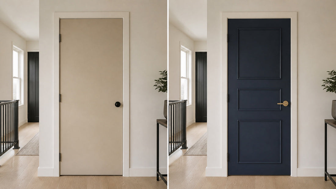 Plain hollow-core door transformed with panel molding and moody-blue paint