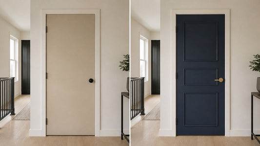 Plain hollow-core door transformed with panel molding and moody-blue paint