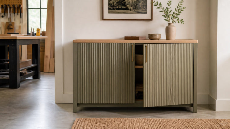 DIY reeded cabinet doors with a smooth khaki-olive finish and pale-oak top