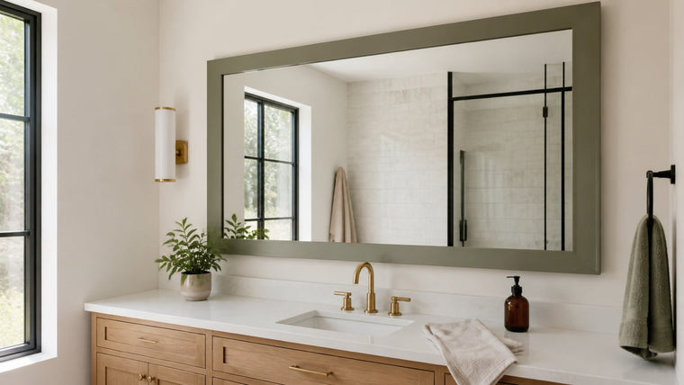Builder-grade bathroom mirror upgraded with a slim muted olive overlay frame