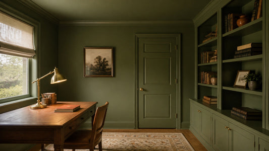 Olive-green color-drenched study with matching walls, ceiling, trim, door, and built-in bookcase