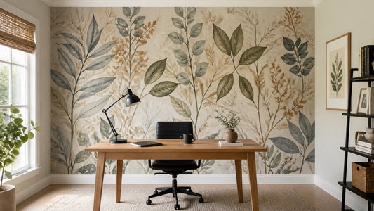 Finished botanical peel-and-stick wallpaper accent wall in a warm home office