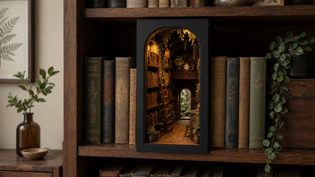 Finished custom laser-cut enchanted-library book nook glowing between books