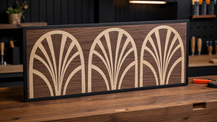 Finished walnut and maple laser-cut wood inlay panel with a Neo-Deco fan pattern
