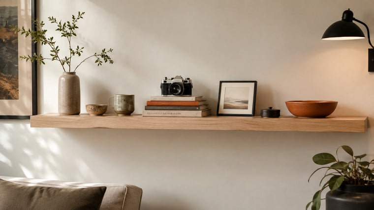 Level white-oak floating shelf displaying ceramics, books, a camera, and framed art