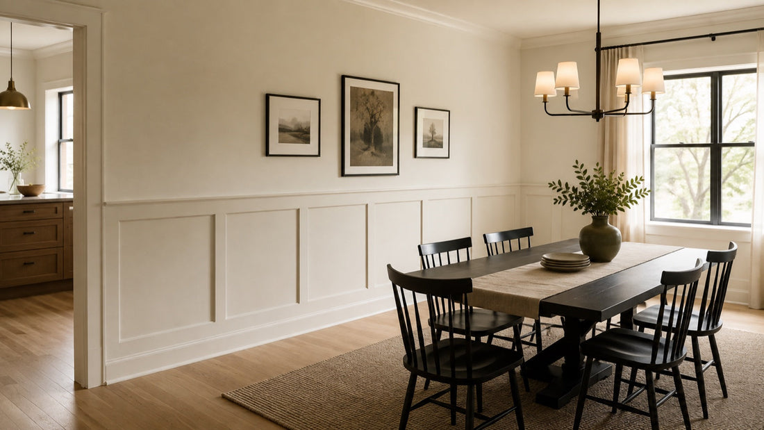 Beginner-built paint-grade wainscoting with balanced panels in a warm dining room.