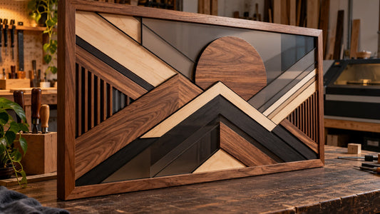 Premium abstract layered wood and smoked-acrylic wall art in a walnut frame on a workshop bench.