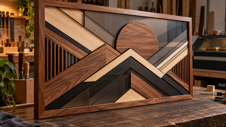 Premium abstract layered wood and smoked-acrylic wall art in a walnut frame on a workshop bench.