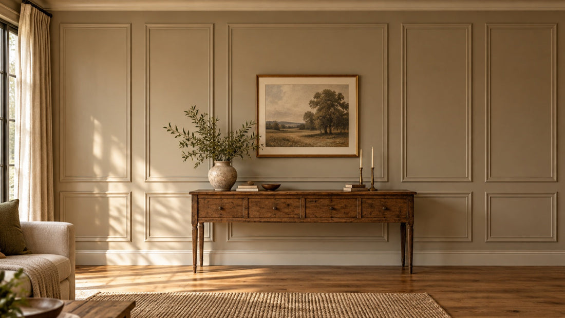 Finished warm living room wall with balanced picture-frame molding panels and vintage console.