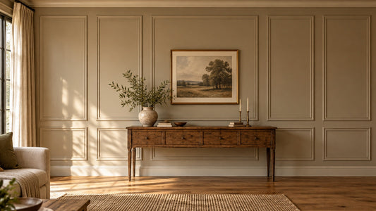 Finished warm living room wall with balanced picture-frame molding panels and vintage console.