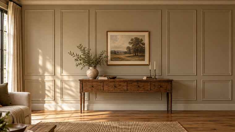 Finished warm living room wall with balanced picture-frame molding panels and vintage console.