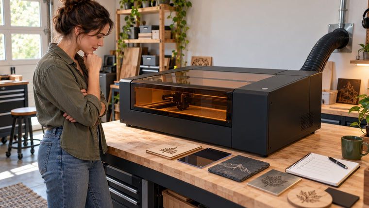 Beginner maker comparing an enclosed desktop laser cutter in an organized garage workshop