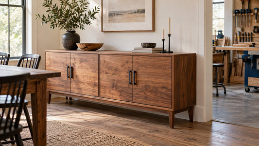 Timeless DIY wood sideboard with balanced proportions in a warm dining room beside a home workshop.