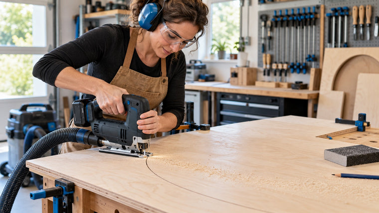 Maker cutting a broad smooth curve in birch plywood with a jigsaw on a supported workshop bench