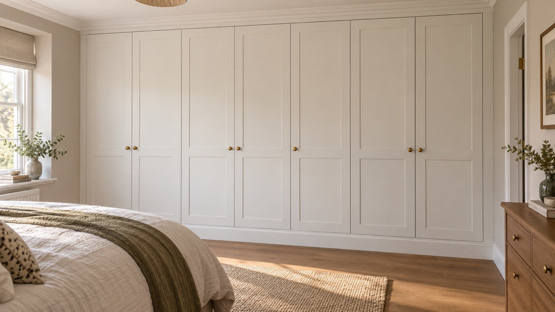 Finished white IKEA PAX wardrobe transformed into a seamless built-in with crown molding, base trim, and paneled doors