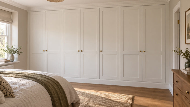 Finished white IKEA PAX wardrobe transformed into a seamless built-in with crown molding, base trim, and paneled doors