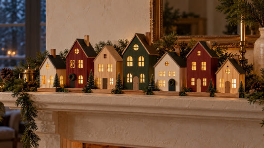 Seven refined wooden Christmas village houses glowing on a warm fireplace mantel.