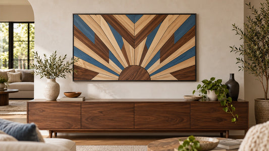 Finished geometric wood wall art with even gaps above a walnut console.