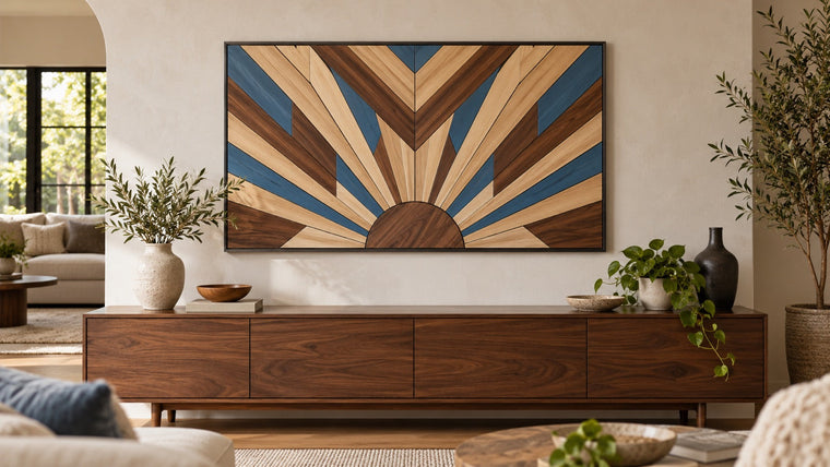 Finished geometric wood wall art with even gaps above a walnut console.