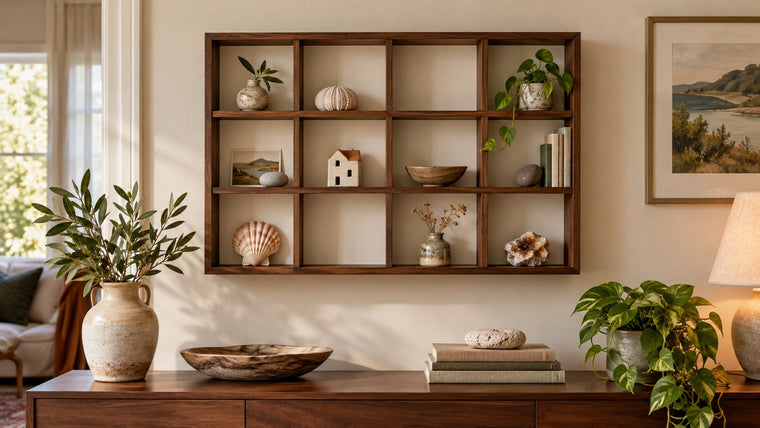Finished wall-mounted trinket shelf with twelve restrained cubbies above a walnut console.