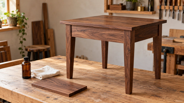 Walnut side table with an even low-sheen pure tung oil finish in a warm workshop.