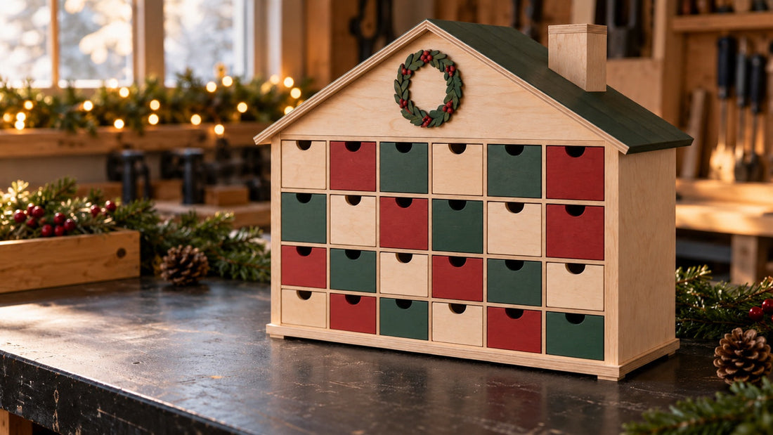 Finished laser-cut wooden Advent calendar with 24 fitted drawers on a holiday workshop bench.
