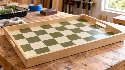 Finished olive and cream painted checkerboard wood tray on a workshop bench.