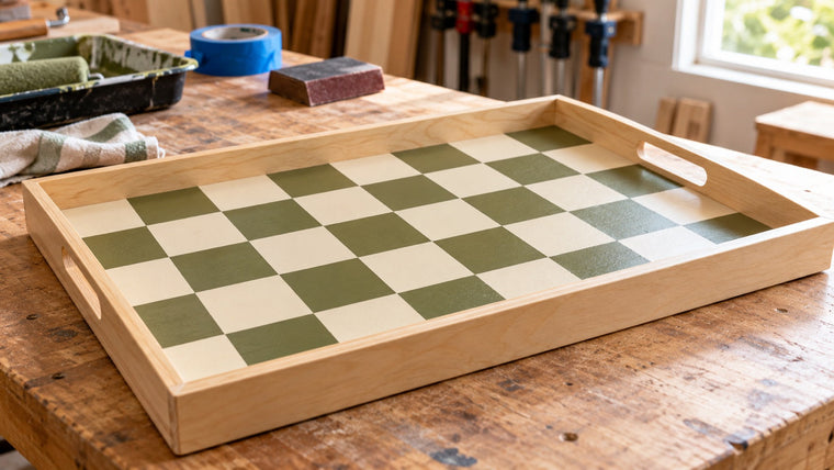 Finished olive and cream painted checkerboard wood tray on a workshop bench.