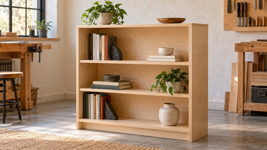 Finished birch plywood cabinet with clean adjustable shelves in a warm workshop.