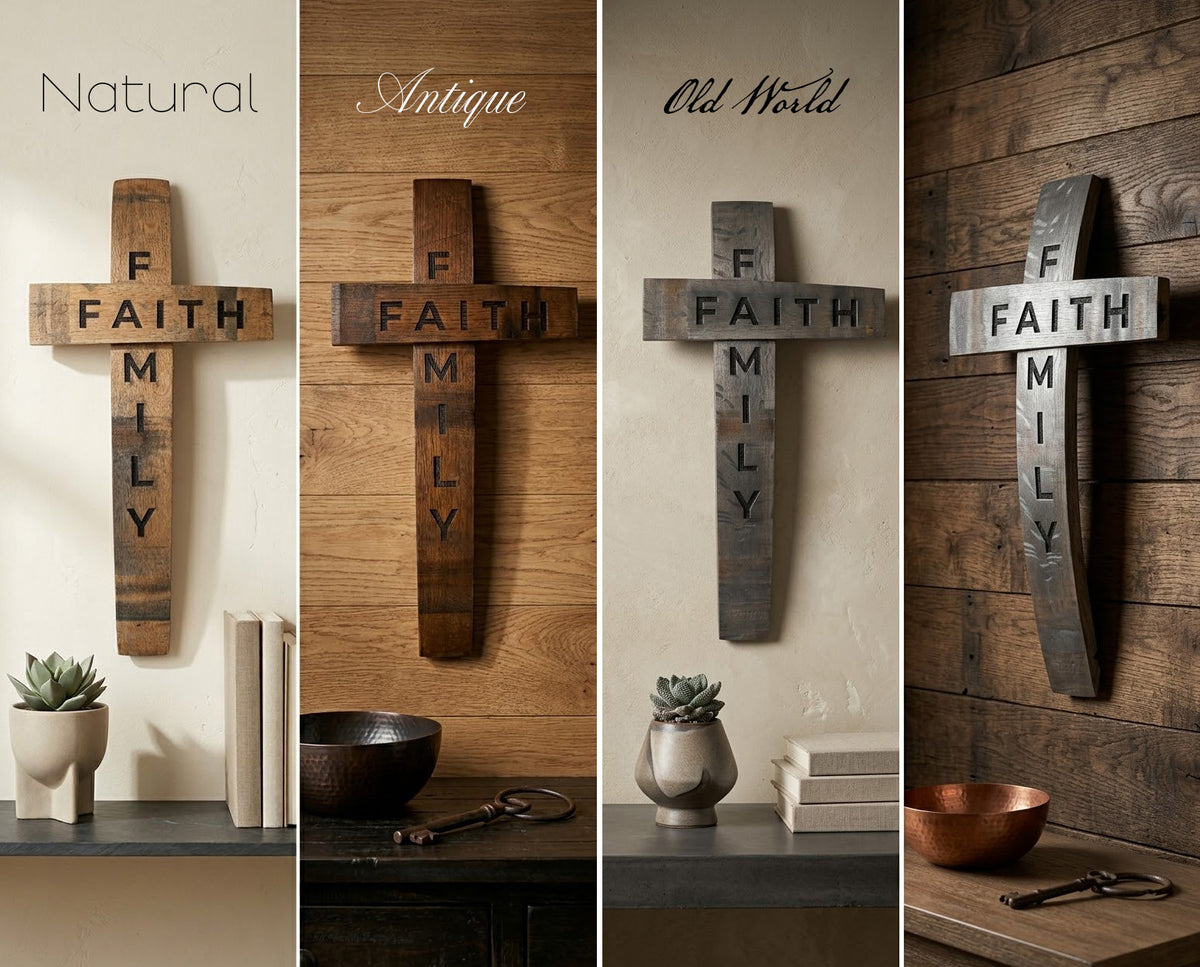 Reclaimed wine barrel Faith & Family crosses in natural, antique, and dark oak finishes