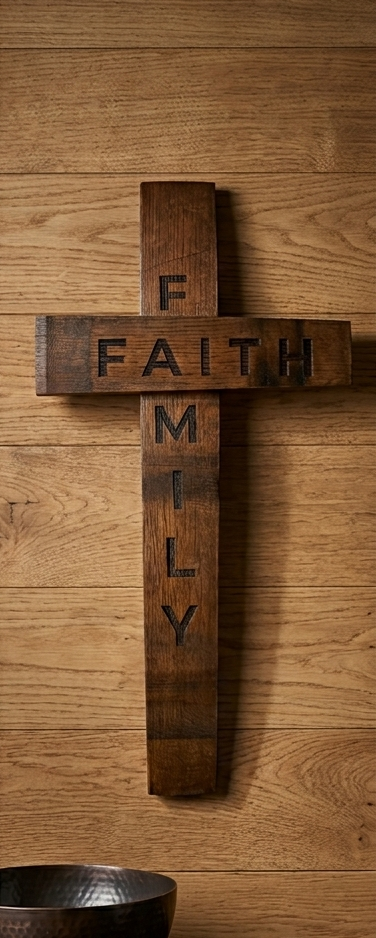 Antique oak stained reclaimed wine barrel Faith & Family cross