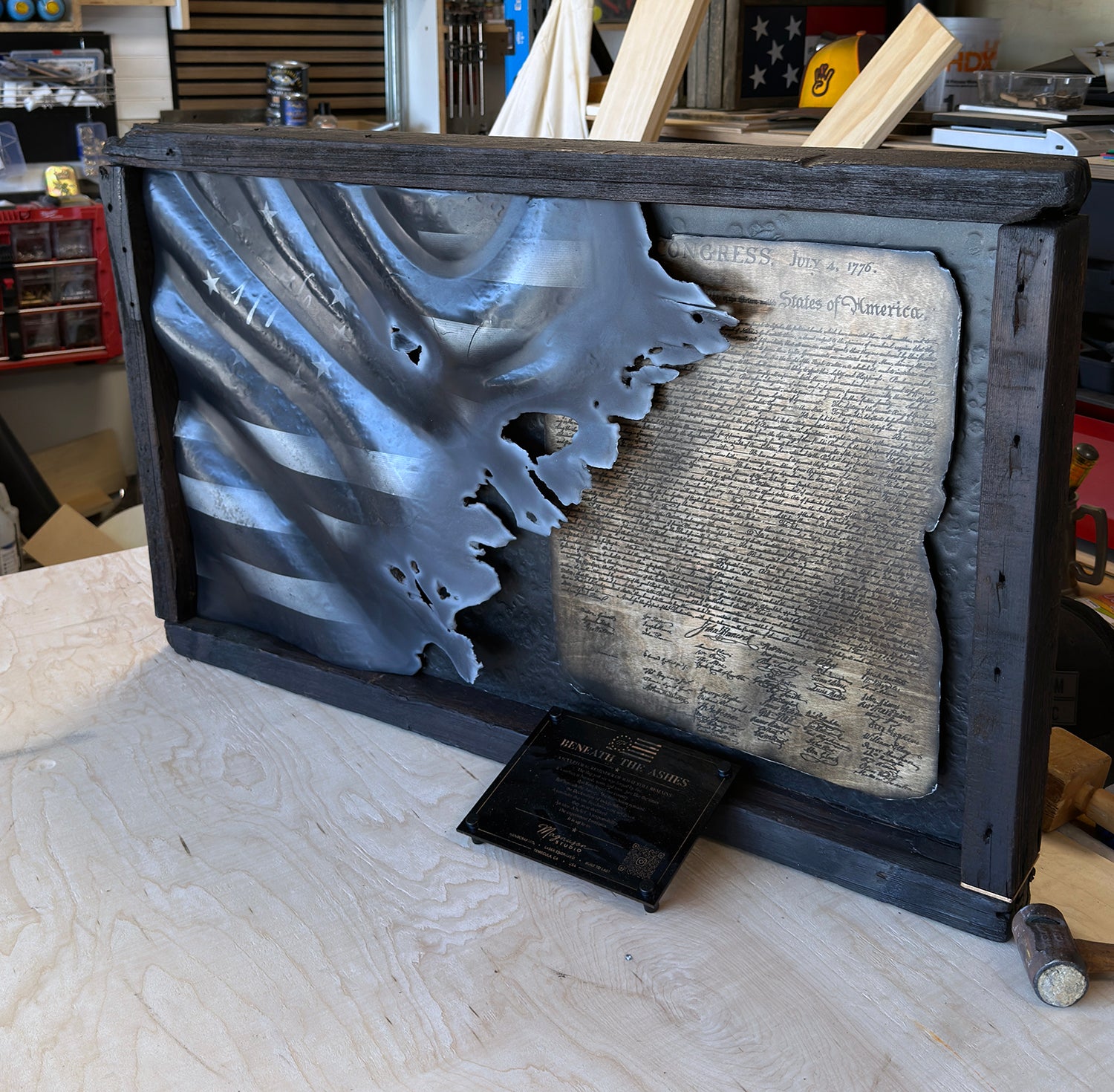 Beneath the Ashes: Tactical 1776 Waving Flag & Declaration of Independence Sculpture