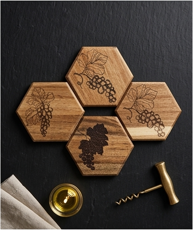 Collage of wooden coasters with different designs on a table setting.